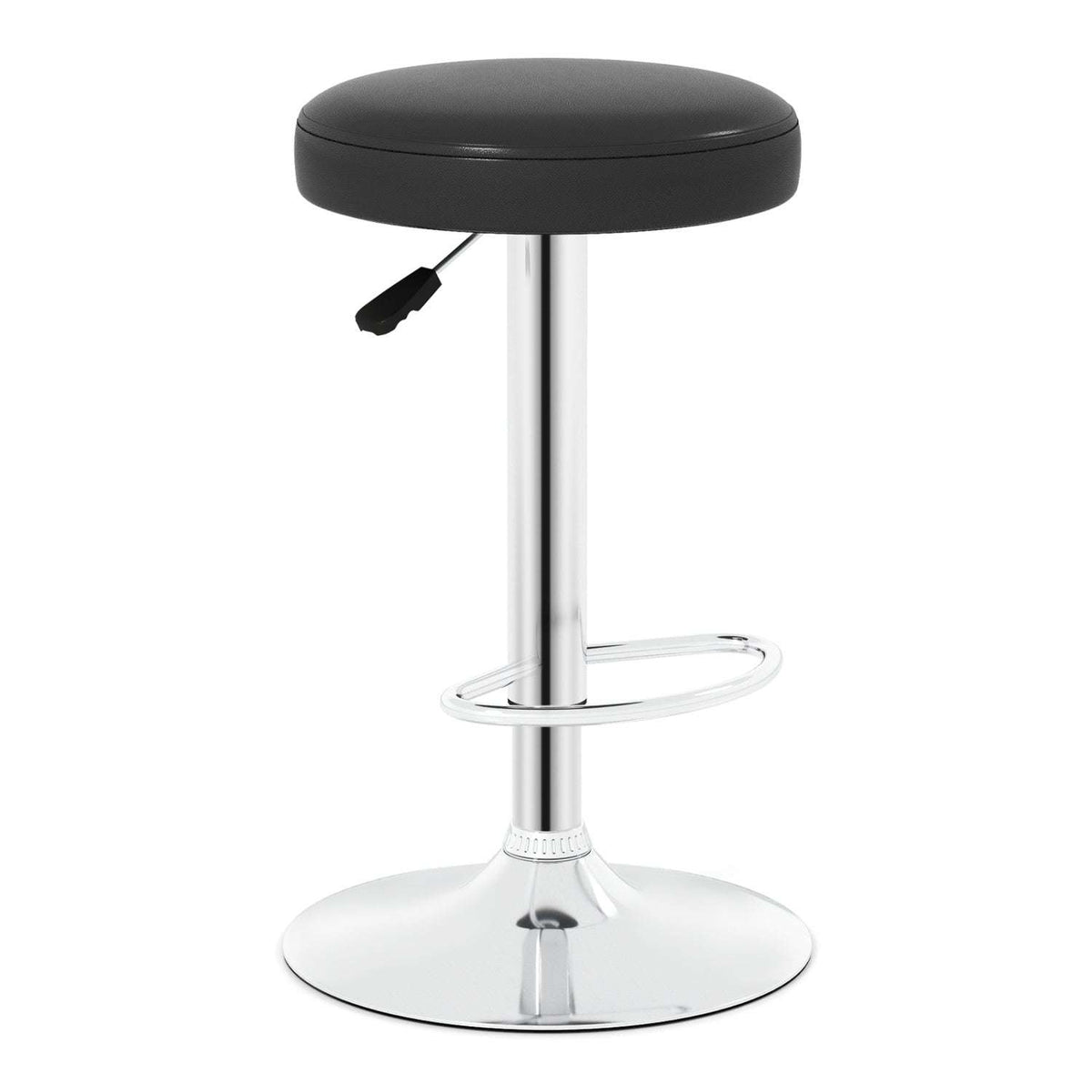 Black adjustable swivel bar stool with padded seat, chrome pedestal, footrest and round base
