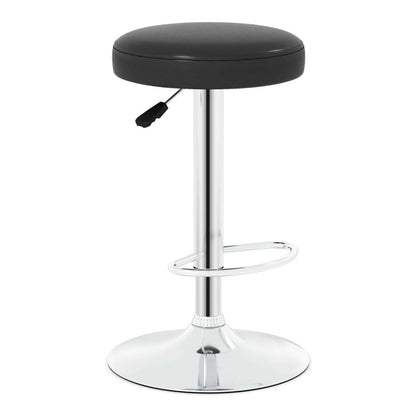 Black adjustable swivel bar stool with padded seat, chrome pedestal, footrest and round base