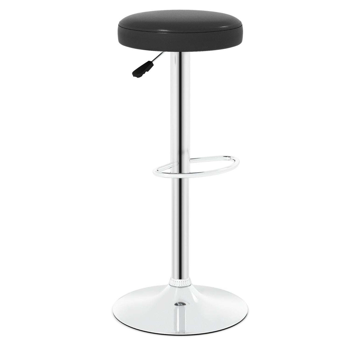 Black adjustable swivel bar stool with padded seat, chrome pedestal, footrest and round base