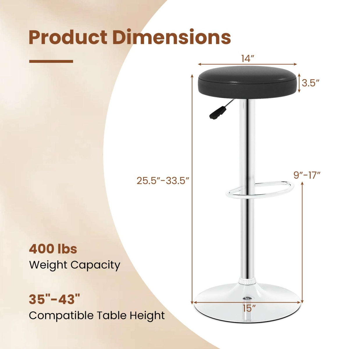 Black adjustable bar stool with dimension callouts and 400-pound weight capacity