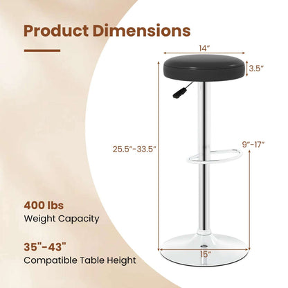 Black adjustable bar stool with dimension callouts and 400-pound weight capacity