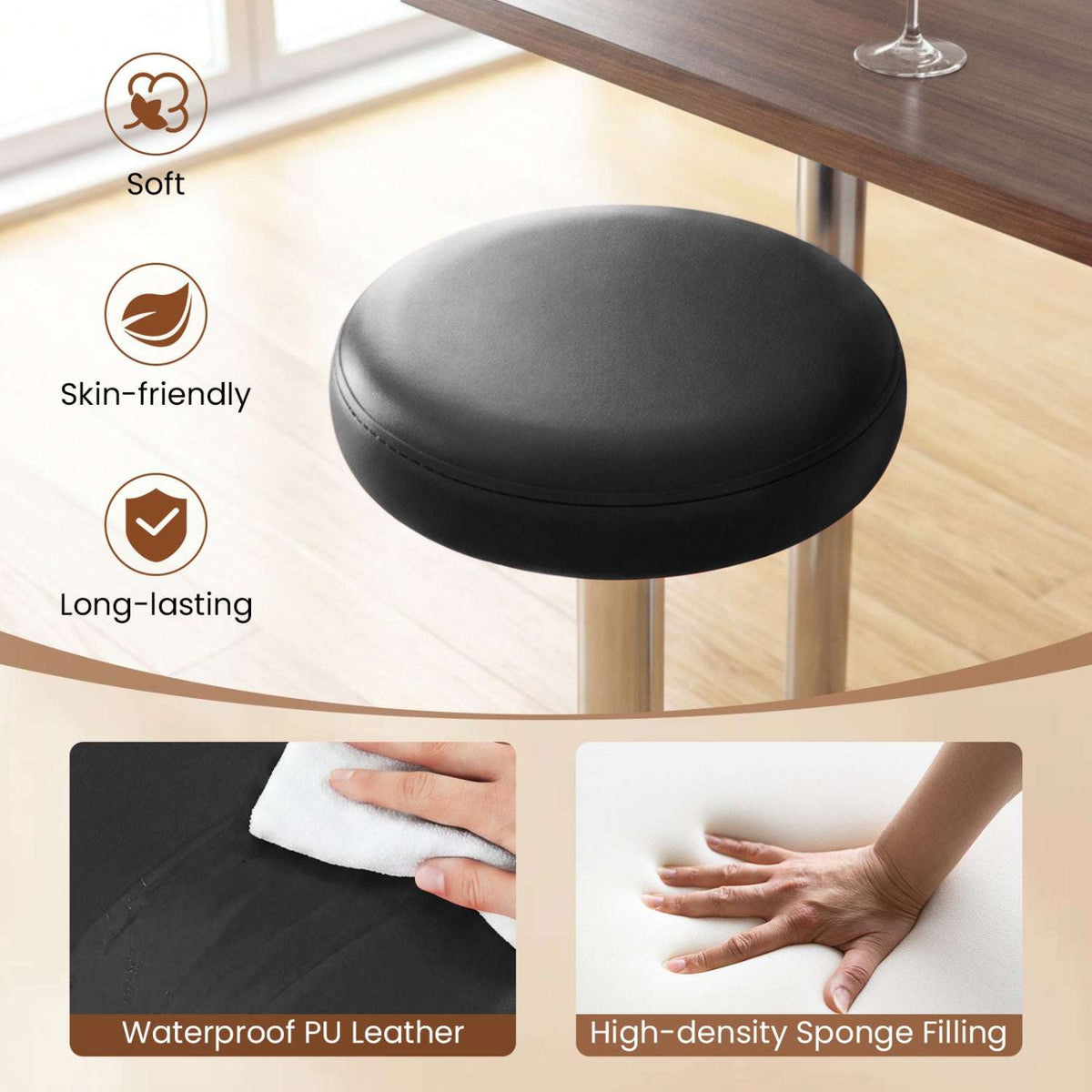 Close-up of black bar stool seat showing PU leather upholstery and sponge filling