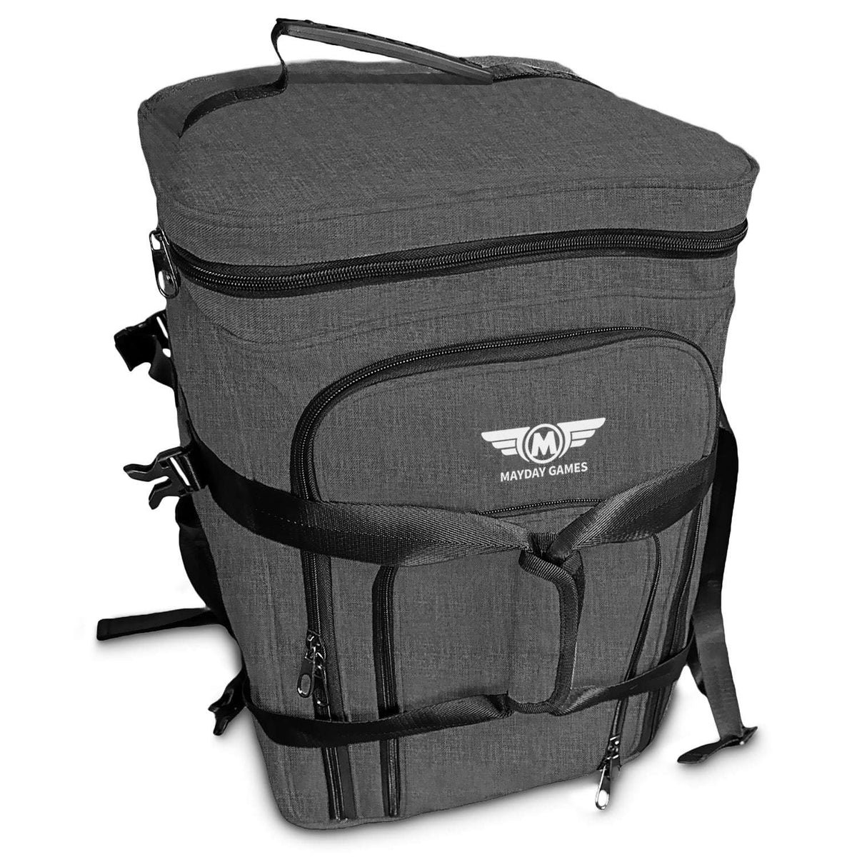 Grey padded board game carrying bag with MAYDAY GAMES logo, front zip, and straps