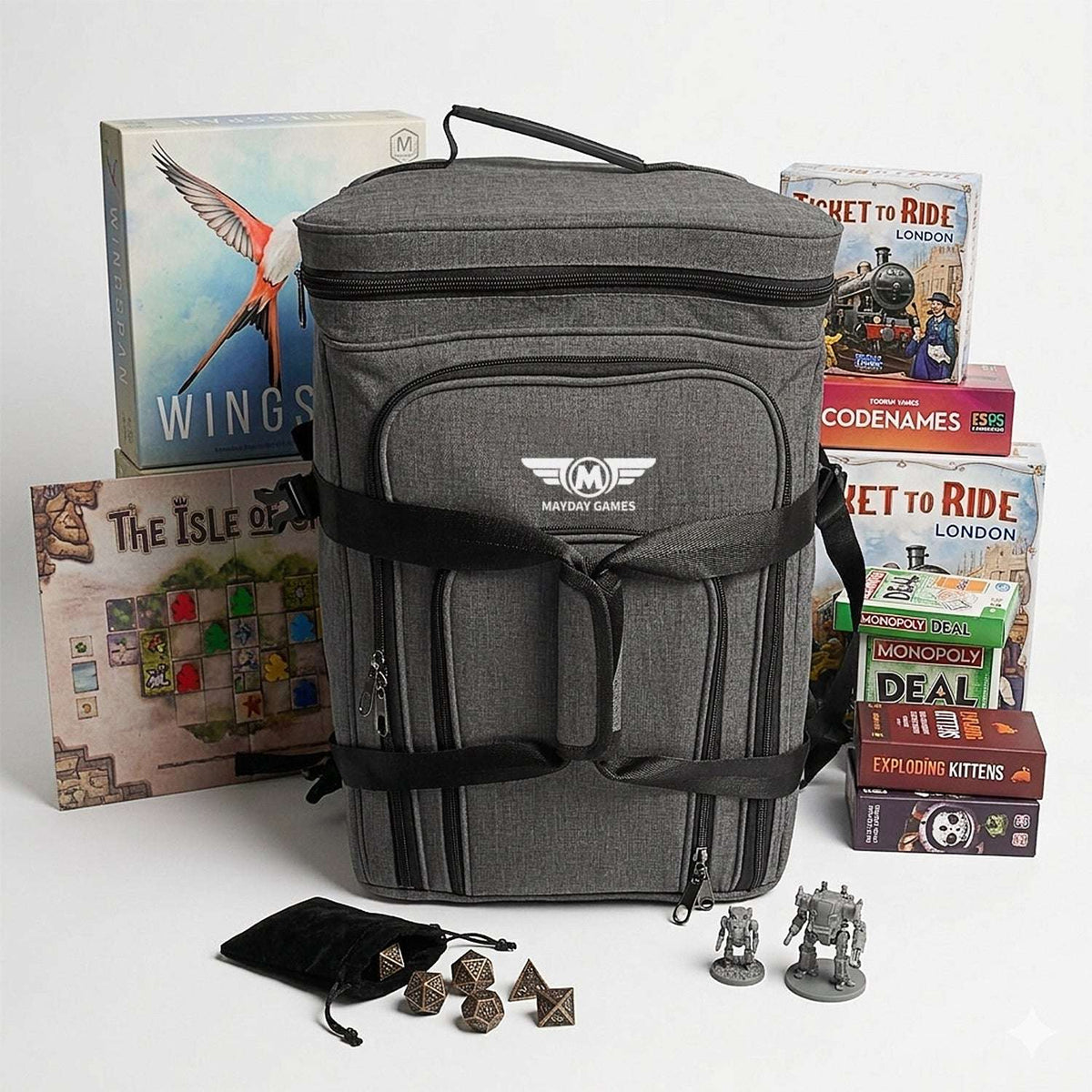 Charcoal grey padded board game carrying bag with front zipper pocket and handle