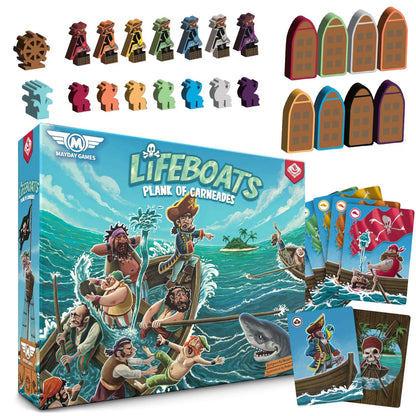Lifeboats board game box with character tokens and arched life boat pieces