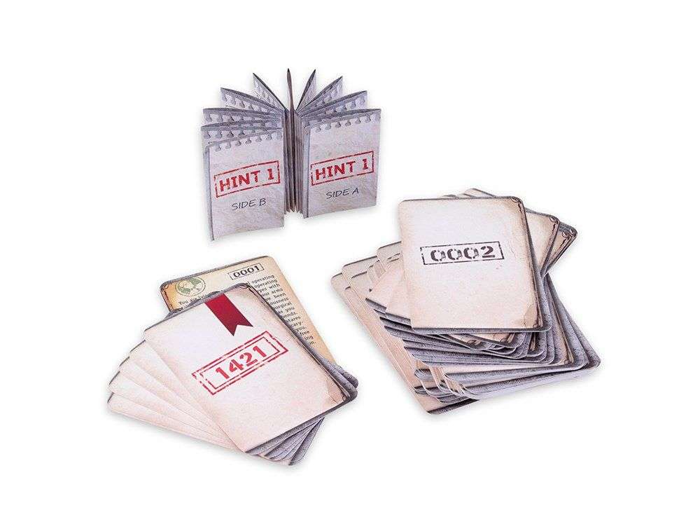 Printed board game cards set, including hint, side, and question cards stacks