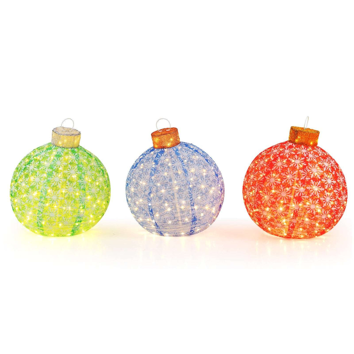 Three pre-lit Christmas ball ornaments with patterned mesh in green, blue, and red
