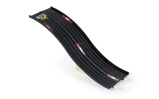 Black diecast track piece with printed road markings and curved track