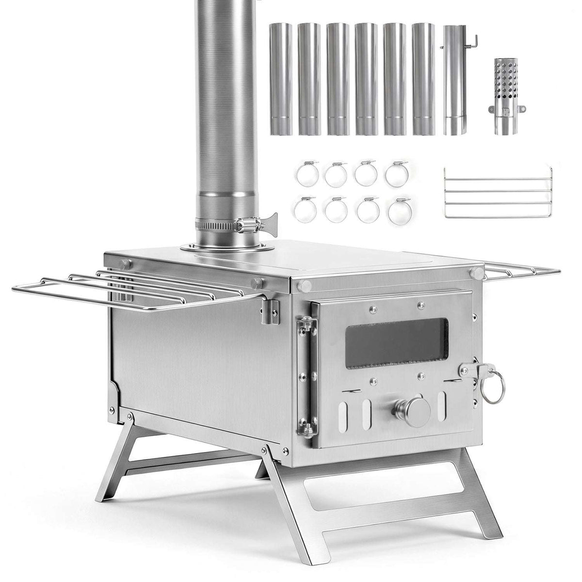 Silver portable wood-burning stove with glass-front door, side racks, chimney pipes and folding legs