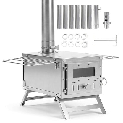 Silver portable wood-burning stove with glass-front door, side racks, chimney pipes and folding legs