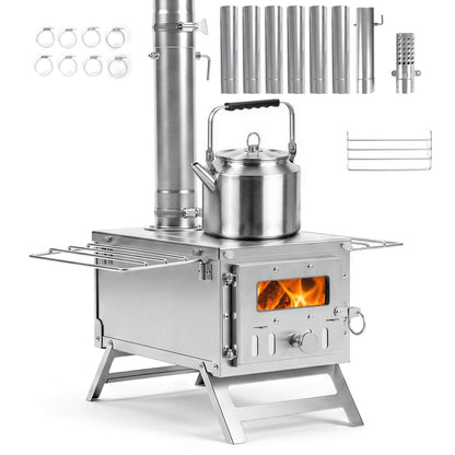 Silver tent stove with chimney pipe, kettle, side racks and included pipe sections