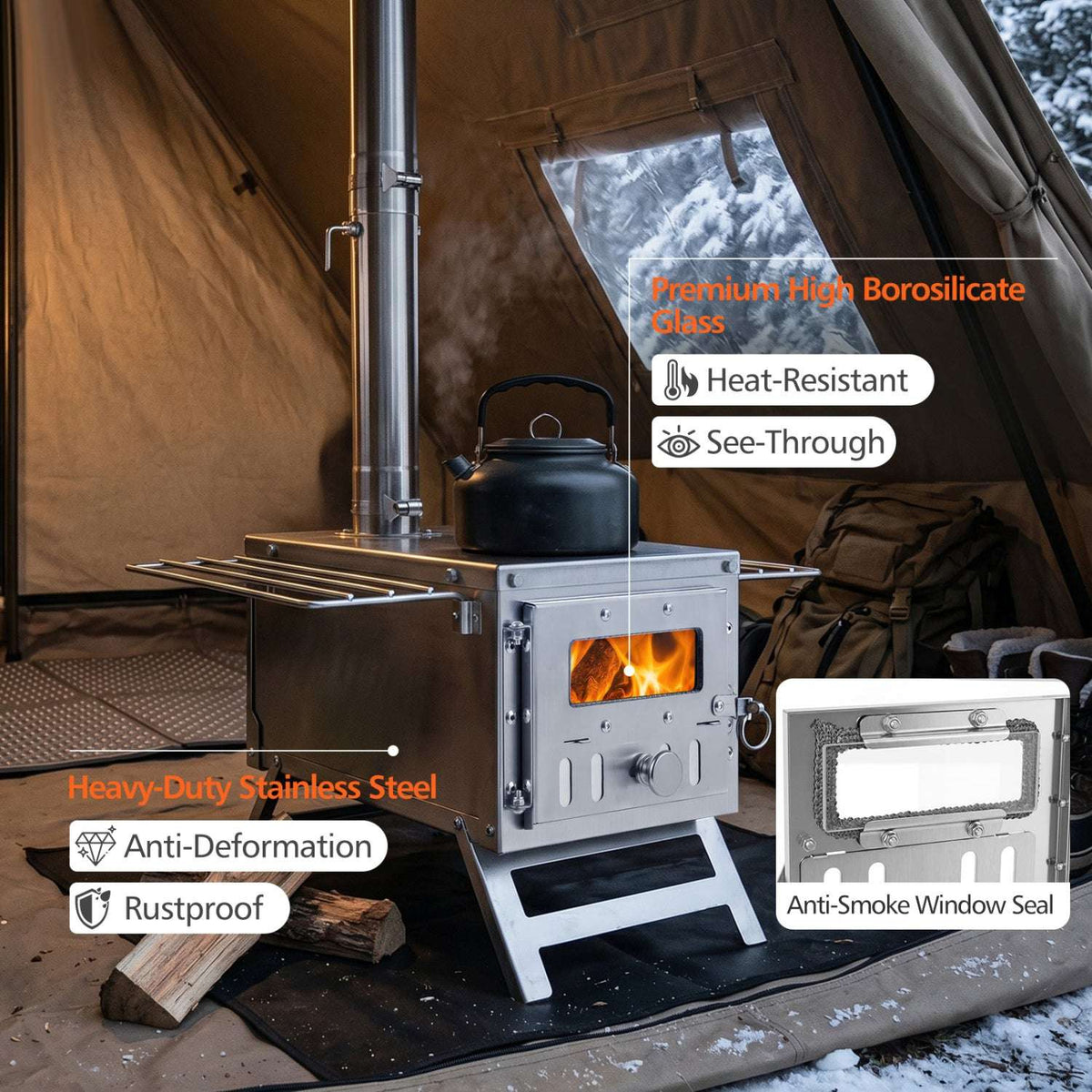 Silver tent stove with glass viewing window, chimney pipe and extended side racks