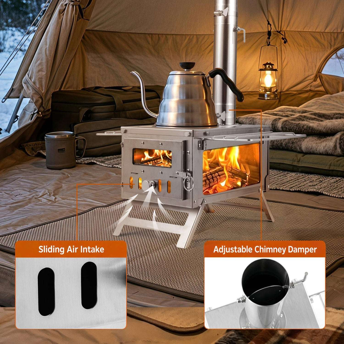 Silver wood-burning tent stove with large side viewing window, air intake and chimney damper