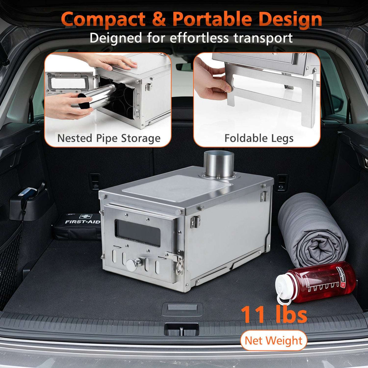 Compact silver portable wood stove with detachable chimney pipe and foldable legs