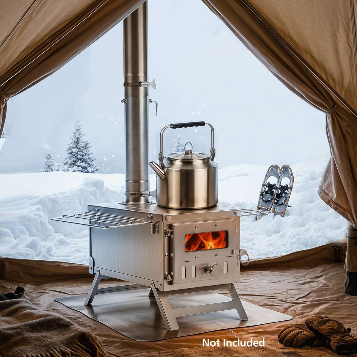 Portable silver wood-burning tent stove with chimney pipe, kettle, side racks and folding legs