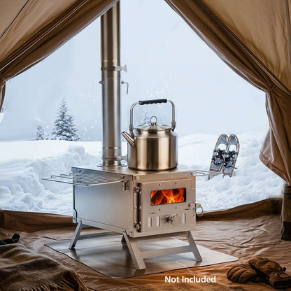 Portable silver wood-burning tent stove with chimney pipe, kettle, side racks and folding legs