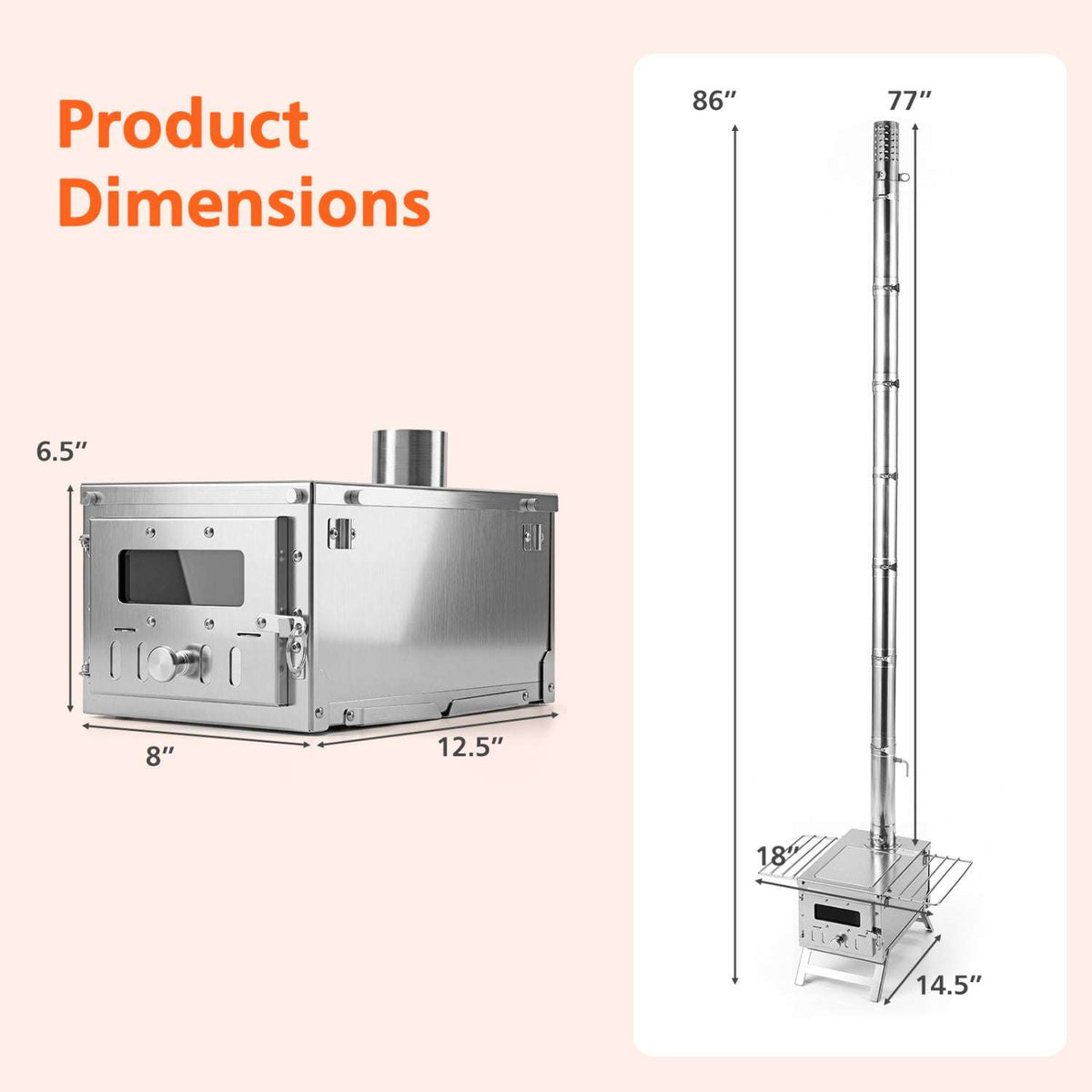 Portable silver wood-burning stove and chimney pipe shown with product dimensions