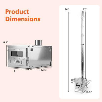 Portable silver wood-burning stove and chimney pipe shown with product dimensions