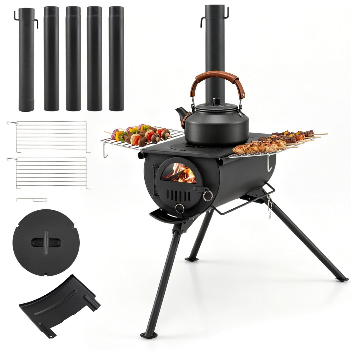 Hot Tent Wood Stove with 5 Chimney Pipes & Foldable Legs – Carbon Steel | Camping, Hunting & Ice Fishing