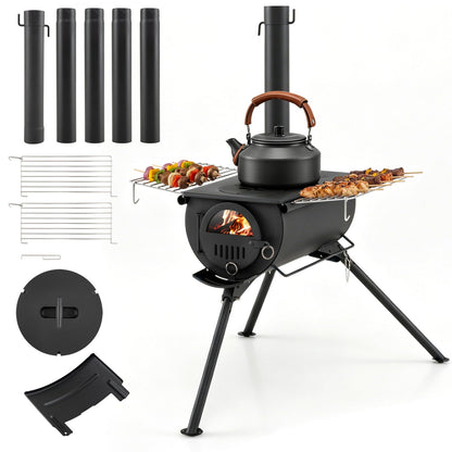 Hot Tent Wood Stove with 5 Chimney Pipes & Foldable Legs – Carbon Steel | Camping, Hunting & Ice Fishing