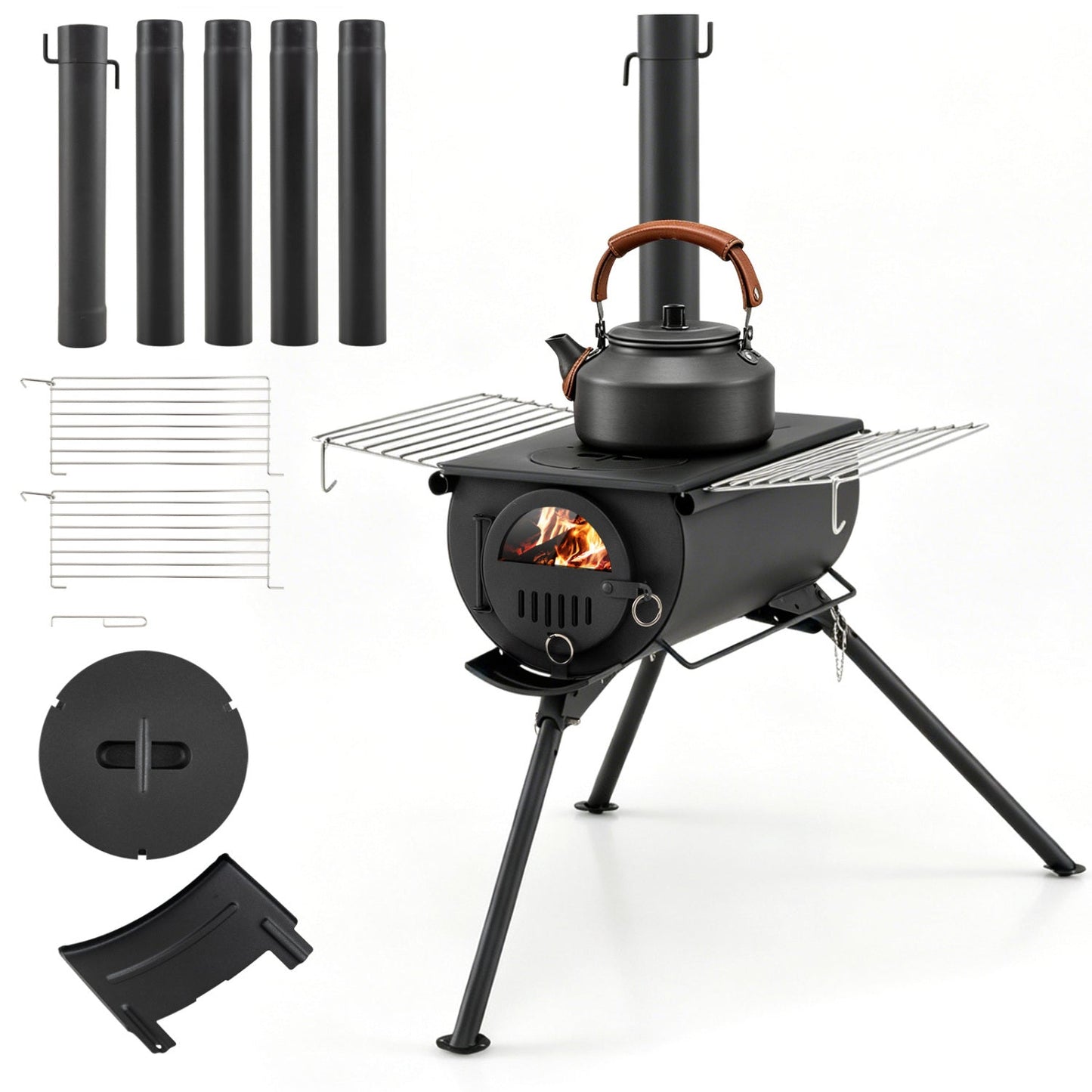 Hot Tent Wood Stove with 5 Chimney Pipes & Foldable Legs – Carbon Steel | Camping, Hunting & Ice Fishing