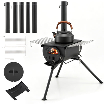 Hot Tent Wood Stove with 5 Chimney Pipes & Foldable Legs – Carbon Steel | Camping, Hunting & Ice Fishing