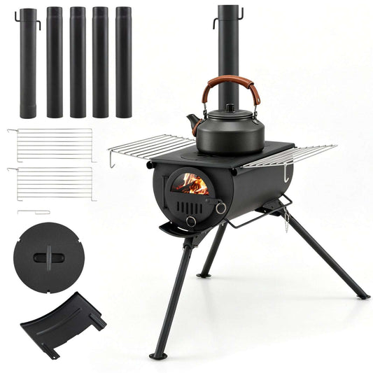 Black wood camping stove with chimney pipe and firebox, plus kettle on top