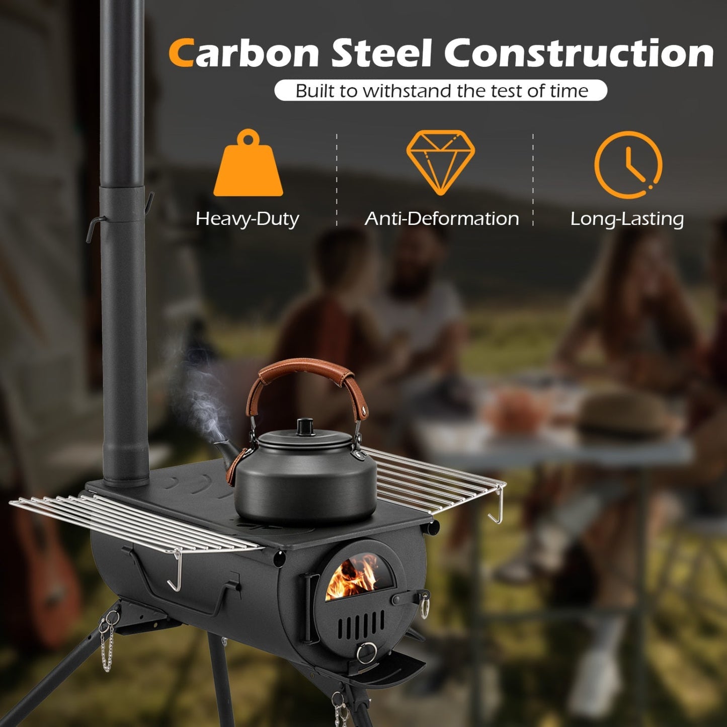 Hot Tent Wood Stove with 5 Chimney Pipes & Foldable Legs – Carbon Steel | Camping, Hunting & Ice Fishing