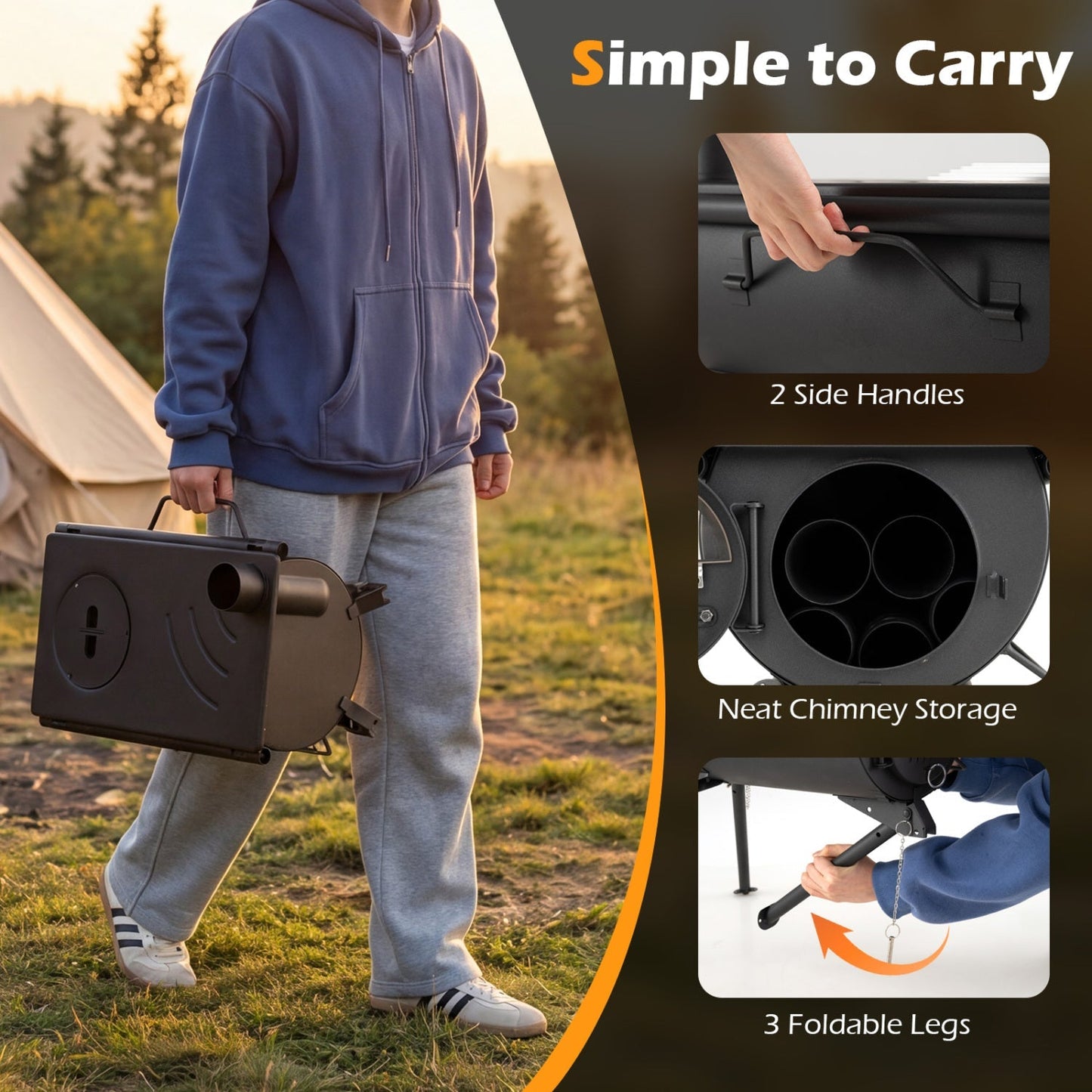 Hot Tent Wood Stove with 5 Chimney Pipes & Foldable Legs – Carbon Steel | Camping, Hunting & Ice Fishing