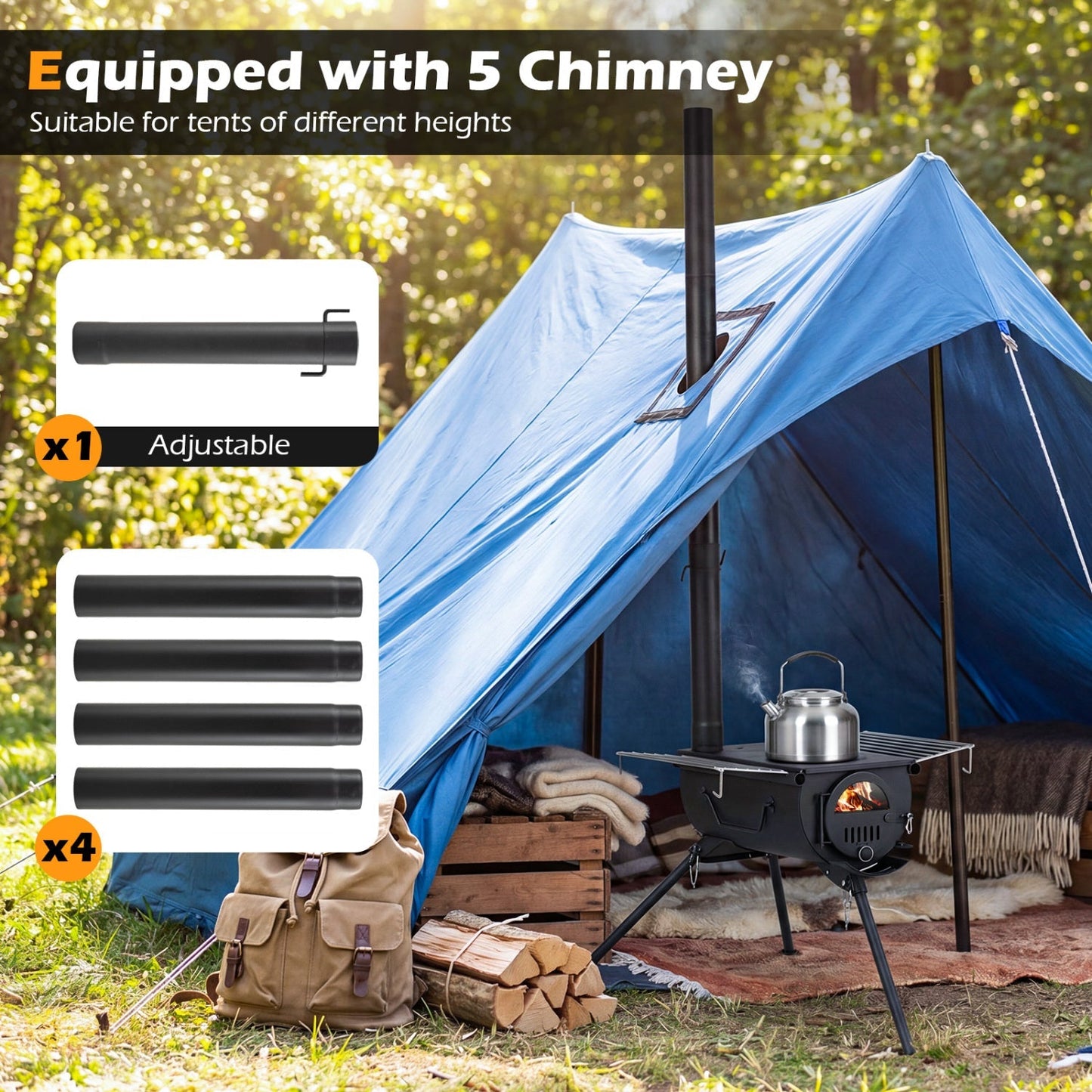 Hot Tent Wood Stove with 5 Chimney Pipes & Foldable Legs – Carbon Steel | Camping, Hunting & Ice Fishing