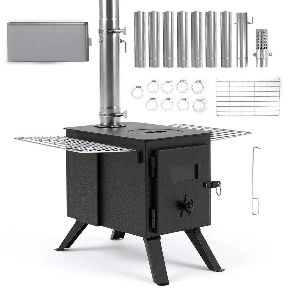 Hot Tent Wood Burning Stove with 8 Chimney Pipes & Ash Tray