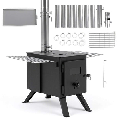 Hot Tent Wood Burning Stove with 8 Chimney Pipes & Ash Tray