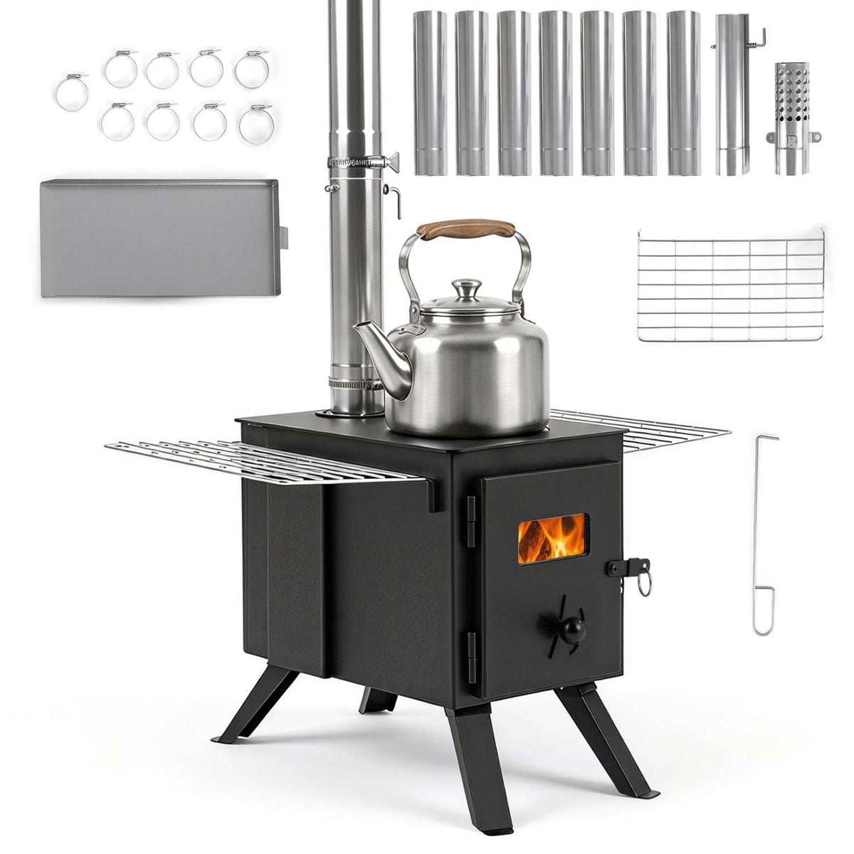 Hot Tent Wood Burning Stove with 8 Chimney Pipes & Ash Tray