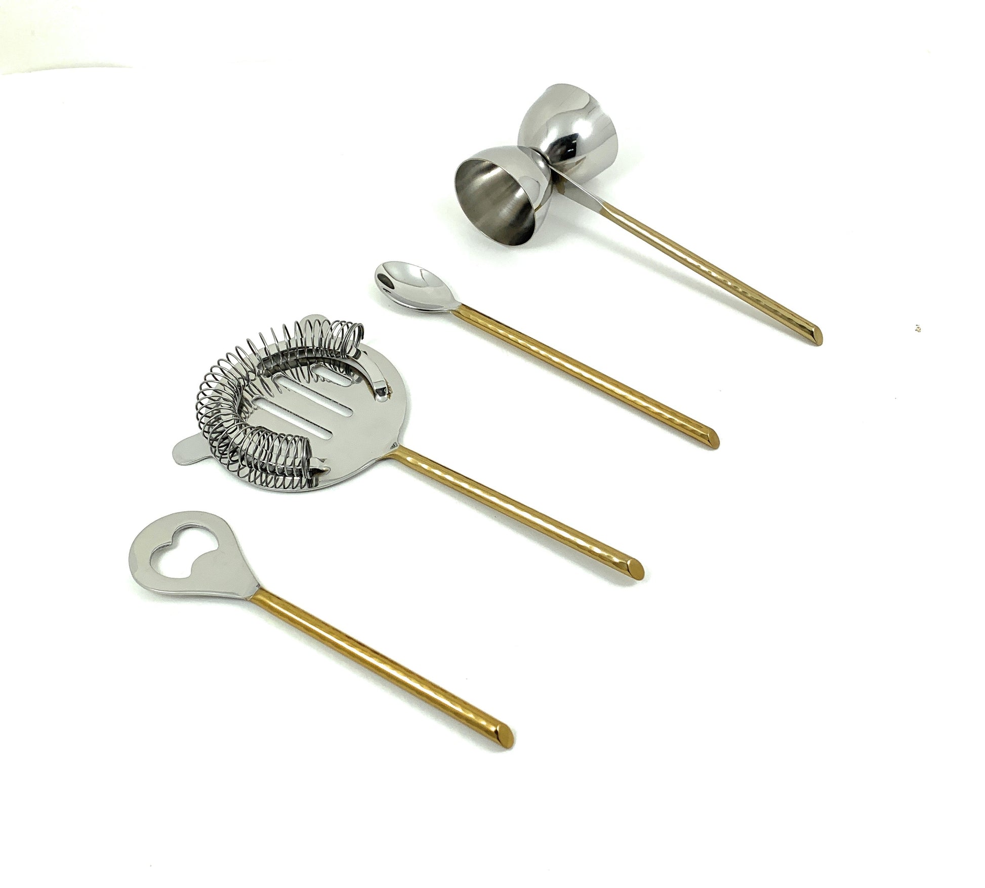 Vibhsa 4-Piece Bartending Kit | Stainless Steel Bar Tools Set | Silver & Gold Hammered | Home Bar & Professional Use - Niksstuff