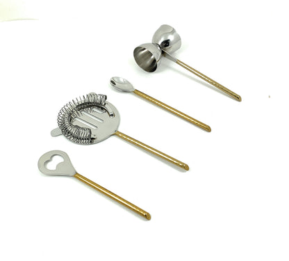 Vibhsa 4-Piece Bartending Kit | Stainless Steel Bar Tools Set | Silver & Gold Hammered | Home Bar & Professional Use - Niksstuff