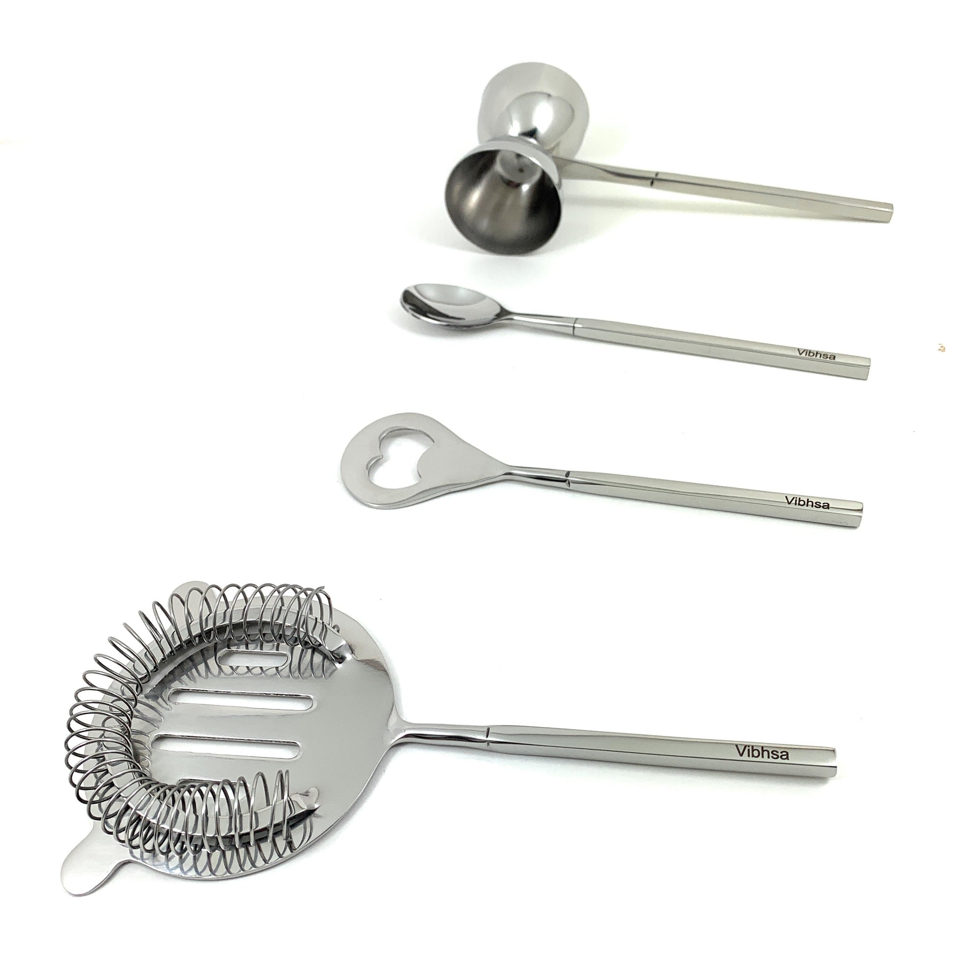 Vibhsa 4-Piece Bartending Kit | Stainless Steel Bar Tools Set | Silver | Home Bar & Professional Use - Niksstuff