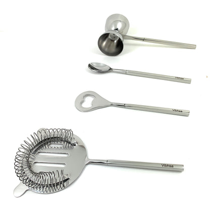 Vibhsa 4-Piece Bartending Kit | Stainless Steel Bar Tools Set | Silver | Home Bar & Professional Use - Niksstuff