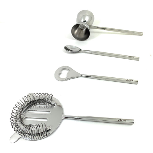 Vibhsa 4-Piece Bartending Kit | Stainless Steel Bar Tools Set | Silver | Home Bar & Professional Use - Niksstuff