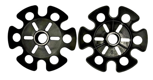 Pair of black trekking pole snow baskets with drainage holes