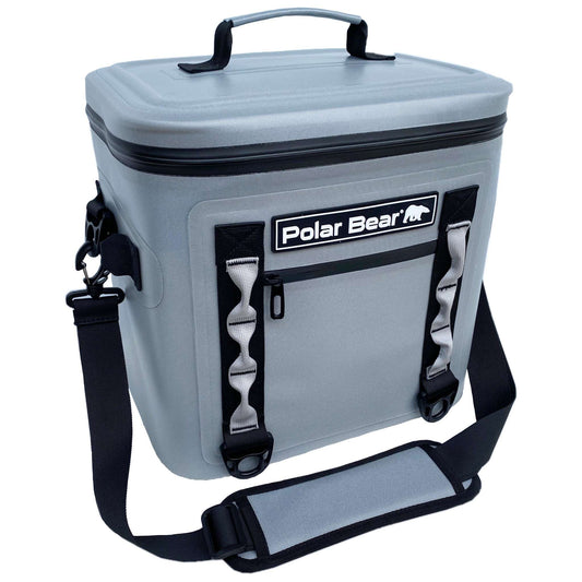 Light gray Polar Bear soft cooler with front logo patch and adjustable shoulder strap
