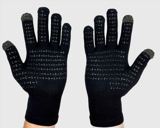 Pair of black touchscreen knit gloves with textured grips on fingertips