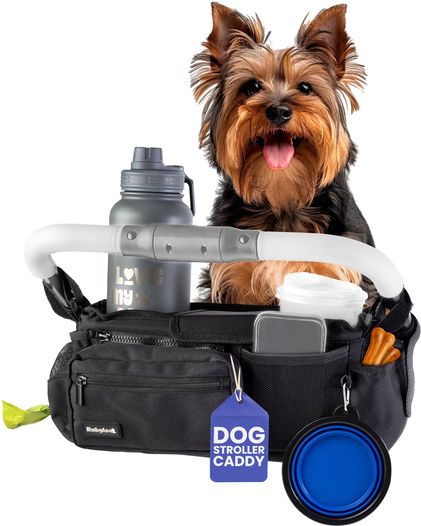 Rubyloo Dog Stroller Caddy Organizer | Patent-Pending | Fits 14–19" Handlebars | Black or Paw Print