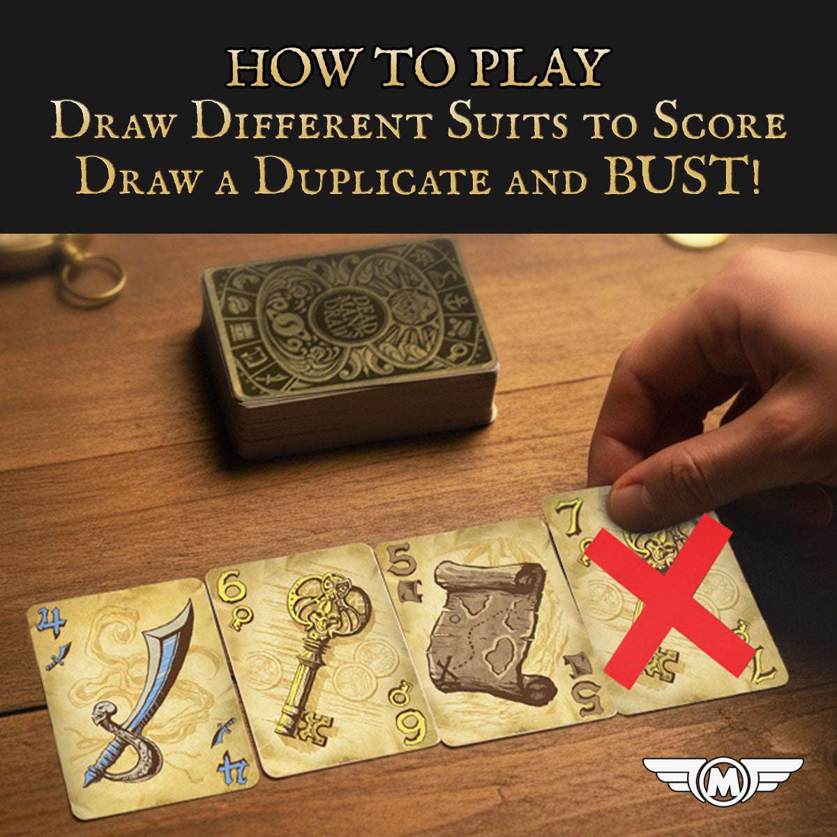 Card game gameplay: illustrated suit cards in hand with deck on tabletop