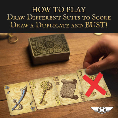Card game gameplay: illustrated suit cards in hand with deck on tabletop