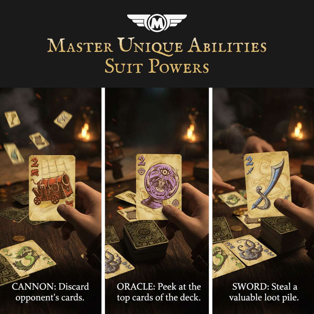 Card game suit powers: hands holding loot cards with glowing background and icons