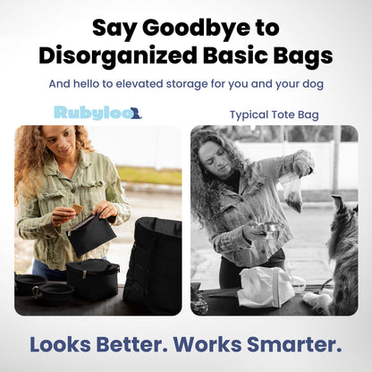 Rubyloo Puffer Dog Travel Bag | Quilted Nylon Tote | 9 Pockets | Bowls & Containers Included | 6 Colors
