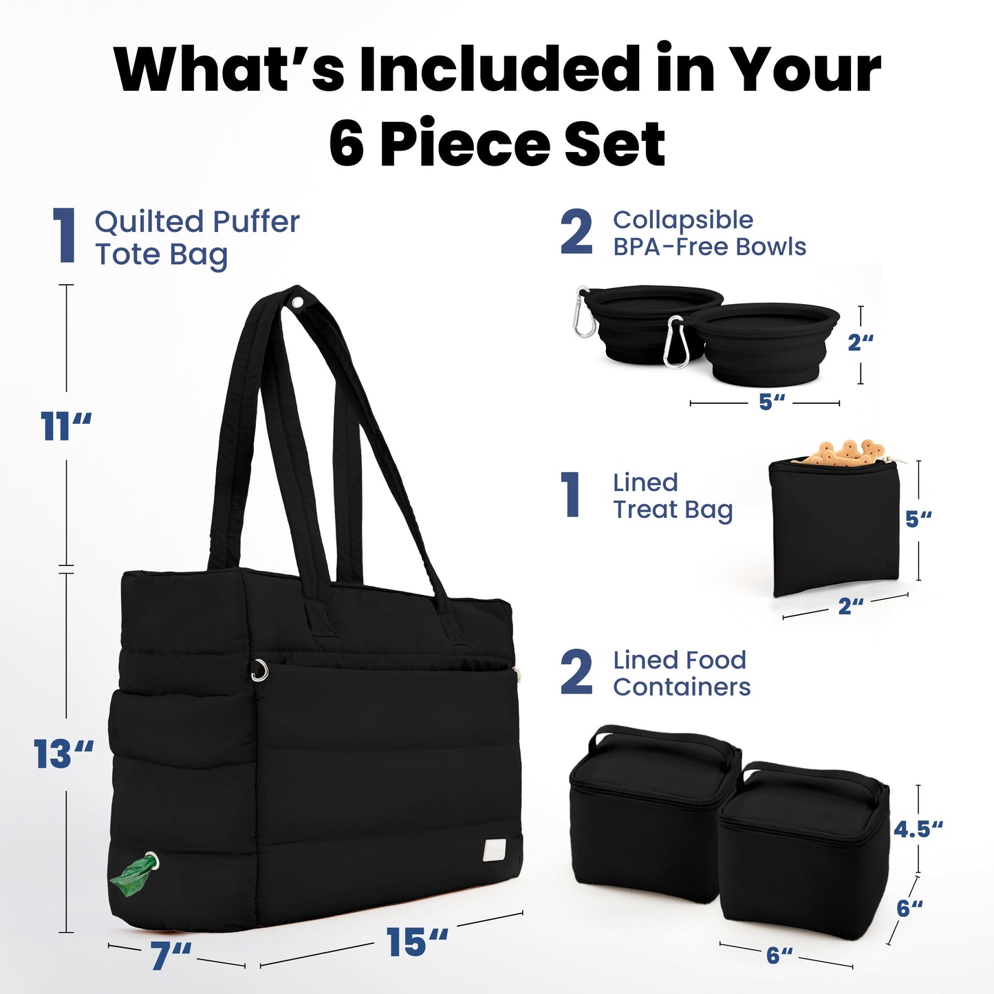 Rubyloo Puffer Dog Travel Bag | Quilted Nylon Tote | 9 Pockets | Bowls & Containers Included | 6 Colors