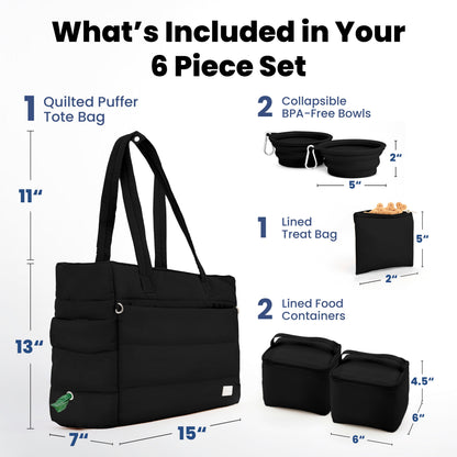 Rubyloo Puffer Dog Travel Bag | Quilted Nylon Tote | 9 Pockets | Bowls & Containers Included | 6 Colors