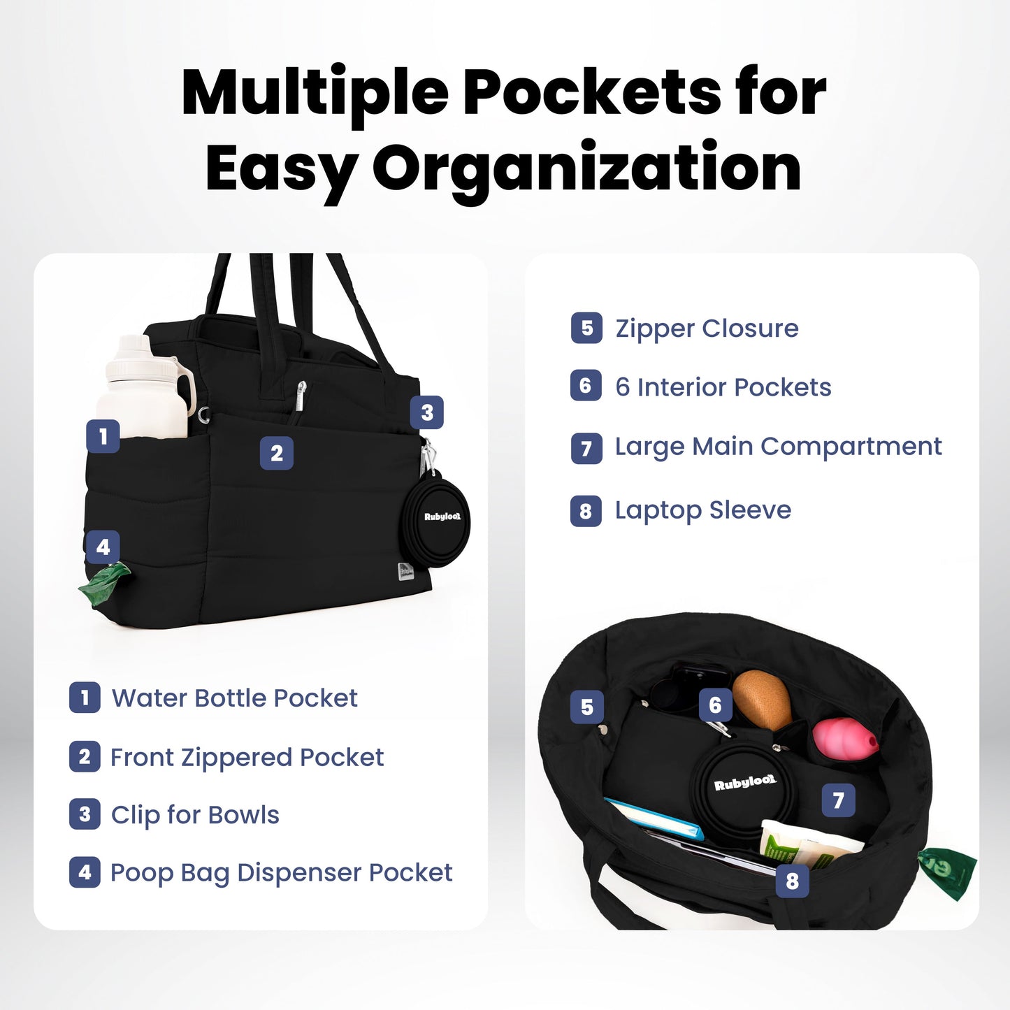 Rubyloo Puffer Dog Travel Bag | Quilted Nylon Tote | 9 Pockets | Bowls & Containers Included | 6 Colors