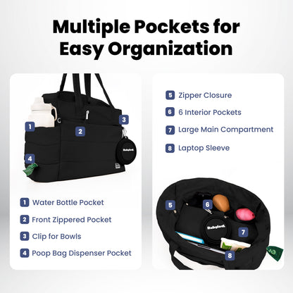 Rubyloo Puffer Dog Travel Bag | Quilted Nylon Tote | 9 Pockets | Bowls & Containers Included | 6 Colors